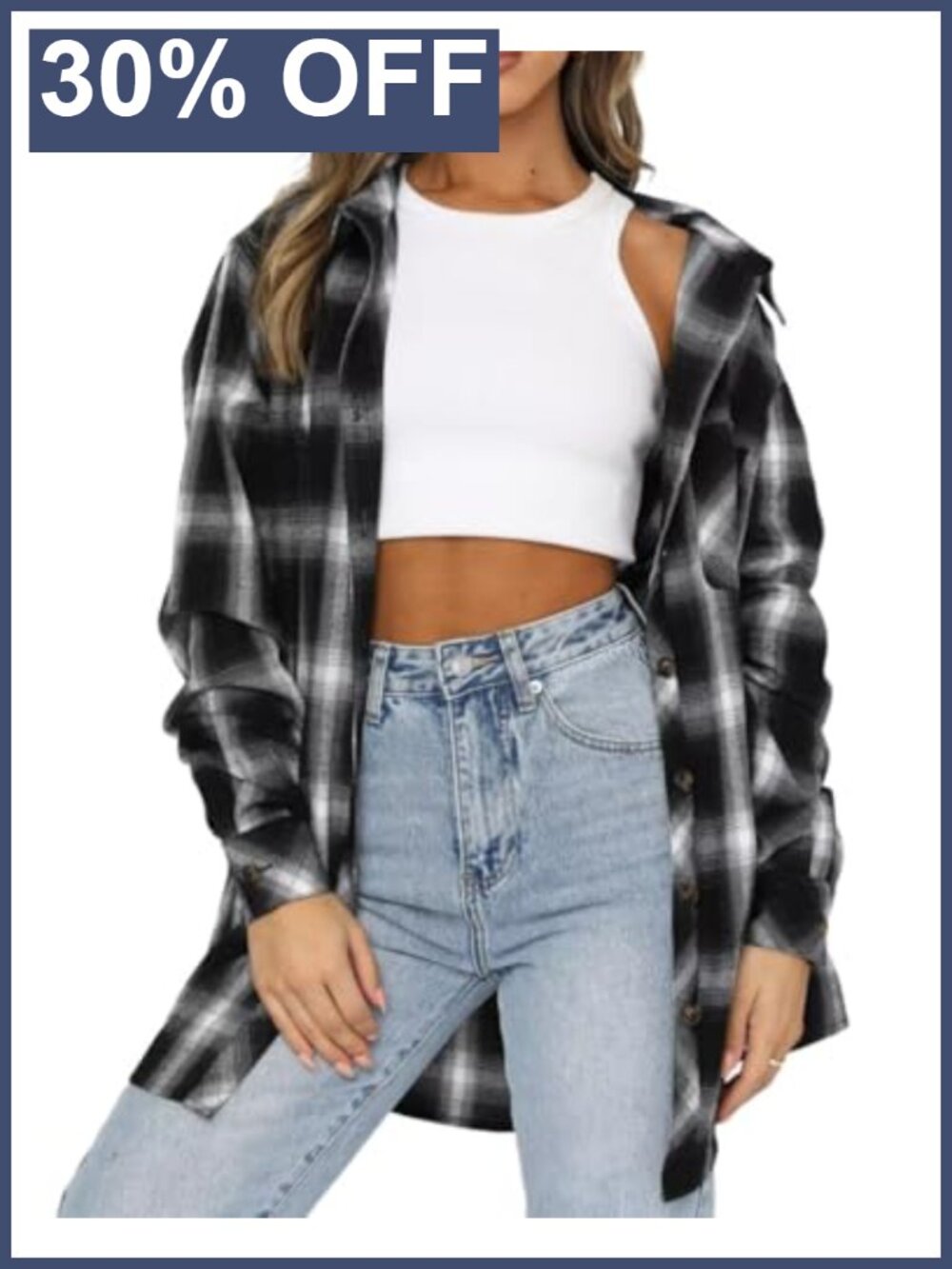 Womens Buffalo Plaid Flannel Shirt Button Down Loose Fit Tunic Top